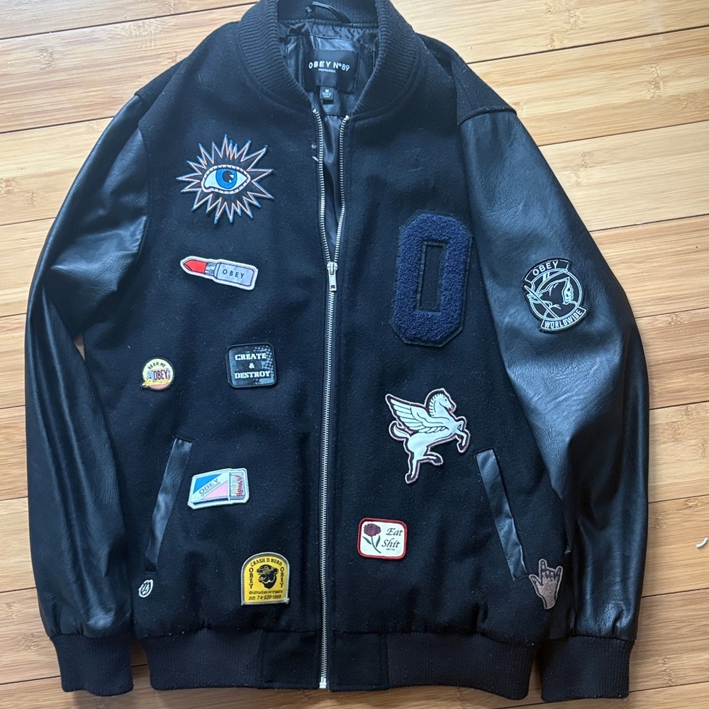 Obey Black Patchwork Varsity Jacket With Patches - image 1